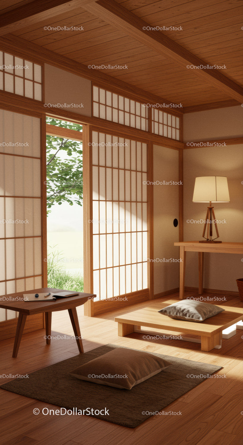 Elegancki tradycyjny japoński pokój z parawanami shoji i matami tatami