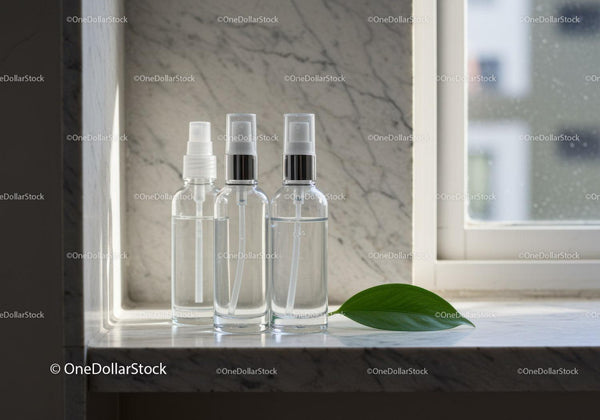 Minimalist Clear Spray Bottles on Marble Windowsill JPG Mockup Image
