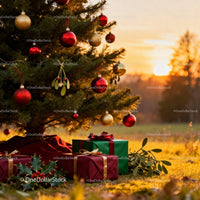 Christmas tree with decorations and gifts at sunset