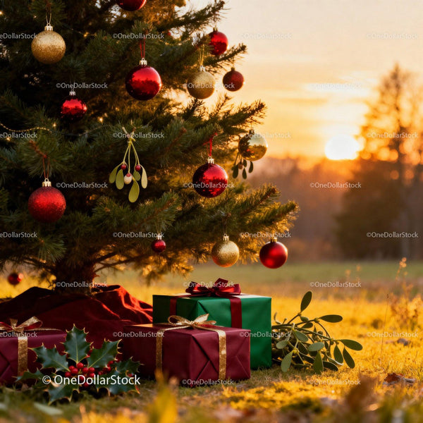 Christmas tree with decorations and gifts at sunset