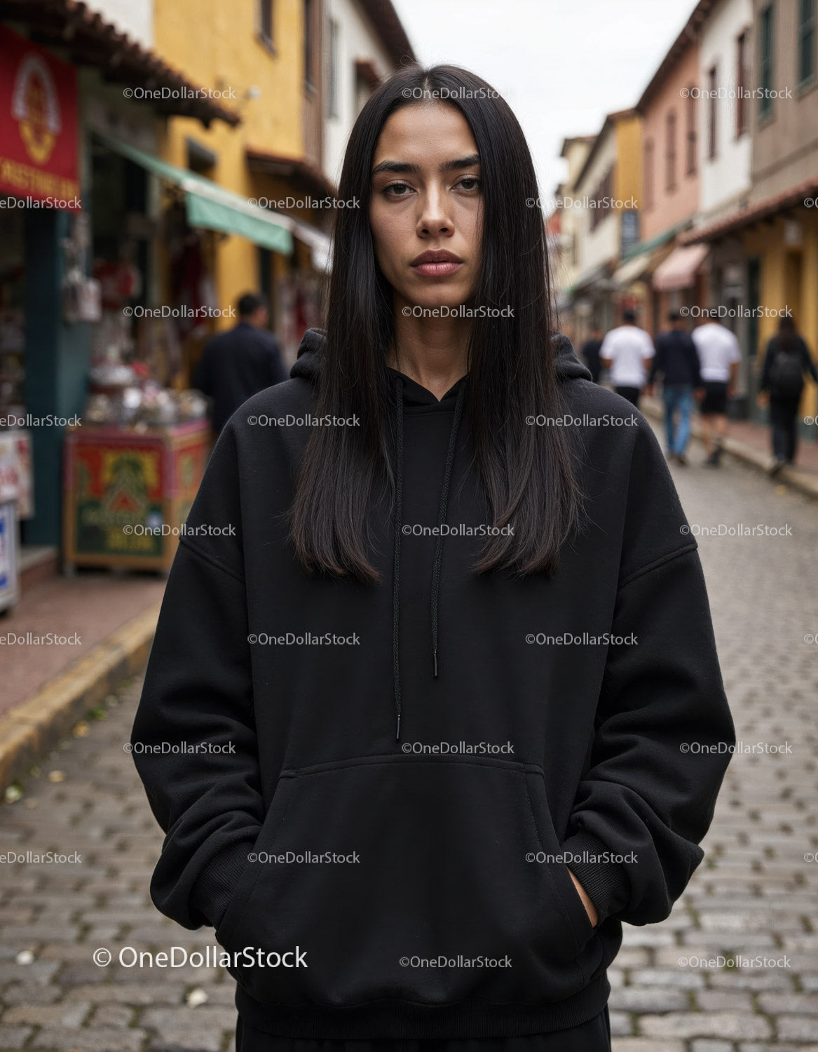 Fashionable Woman Wearing Black Hoodie in Urban City Street