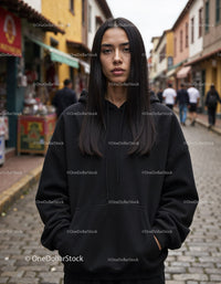 Fashionable Woman Wearing Black Hoodie in Urban City Street