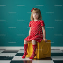 Little girl in red polka dot dress sitting on yellow cube