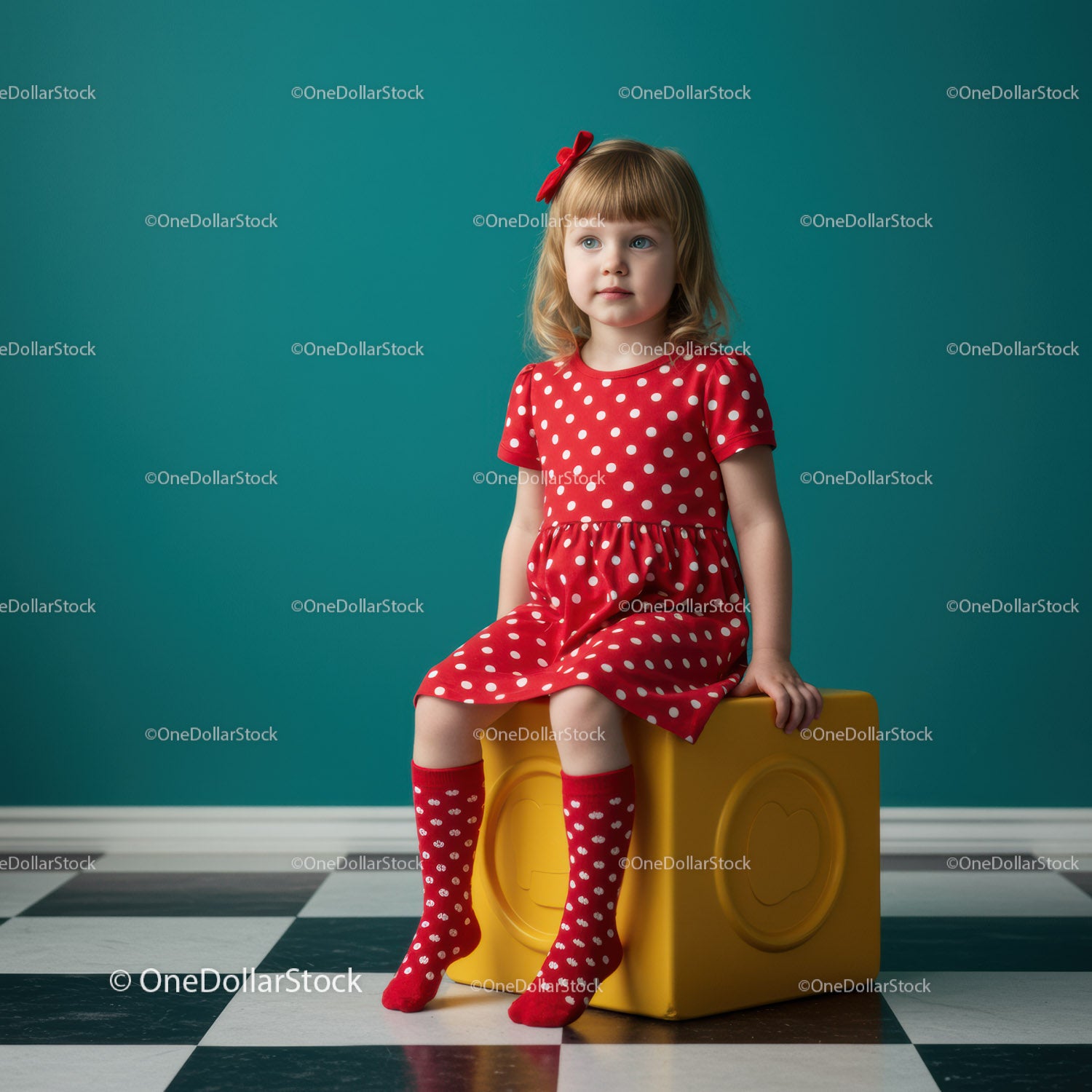 Little girl in red polka dot dress sitting on yellow cube