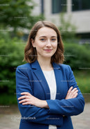 Young Confident Businesswoman in Blue Blazer in Outdoor City Setting