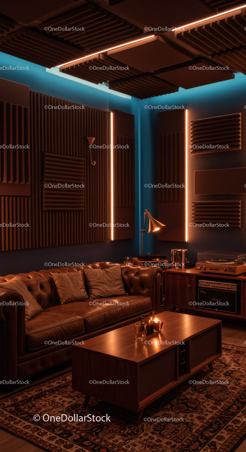 Cozy vintage lounge with leather sofa and warm lighting