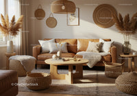 Cozy Living Room with Leather Sofa and Natural Decor