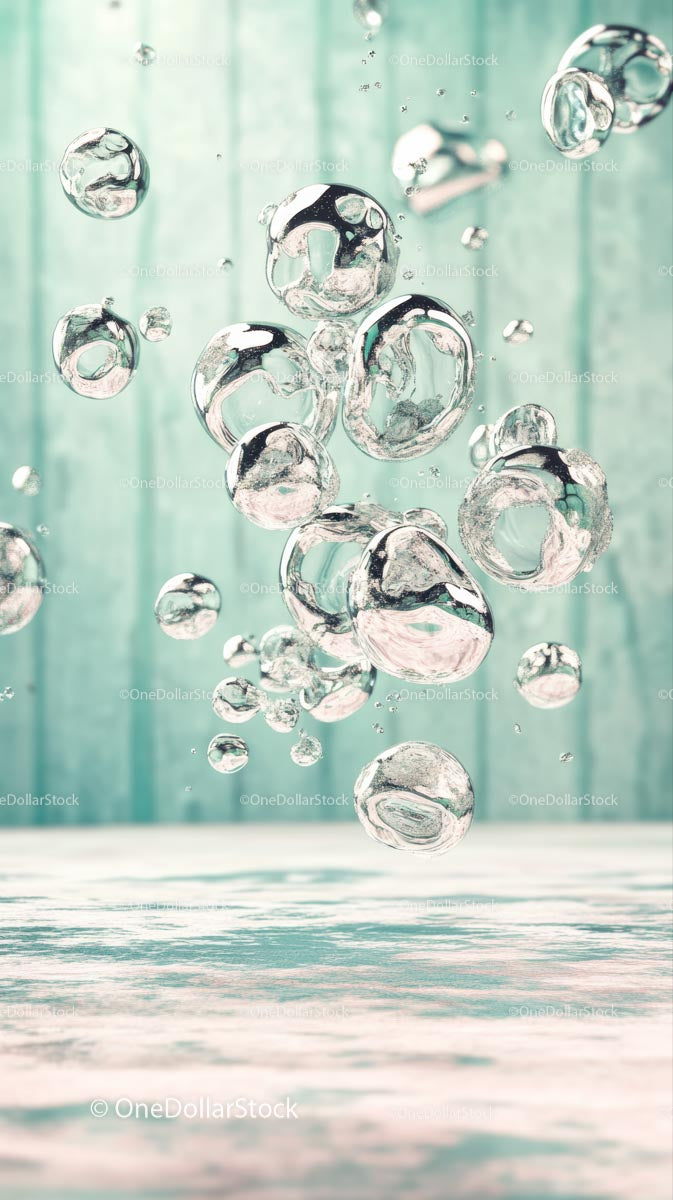 Close-up of Water Bubbles with Reflection in a Light Blue Background