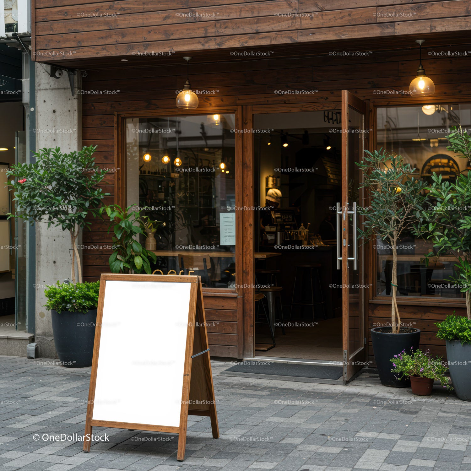Cozy wooden cafe entrance with blank sidewalk sign