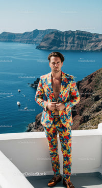 Confident man in vibrant floral suit by the sea