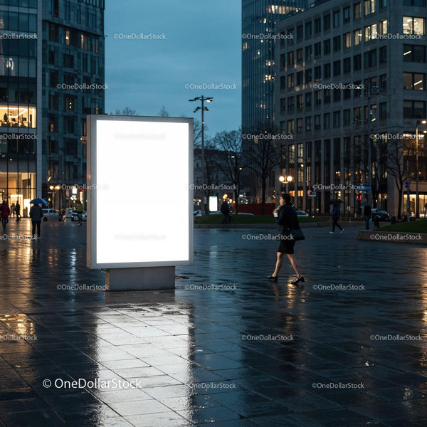 Evening city street with illuminated blank billboard JPG Mockup Image