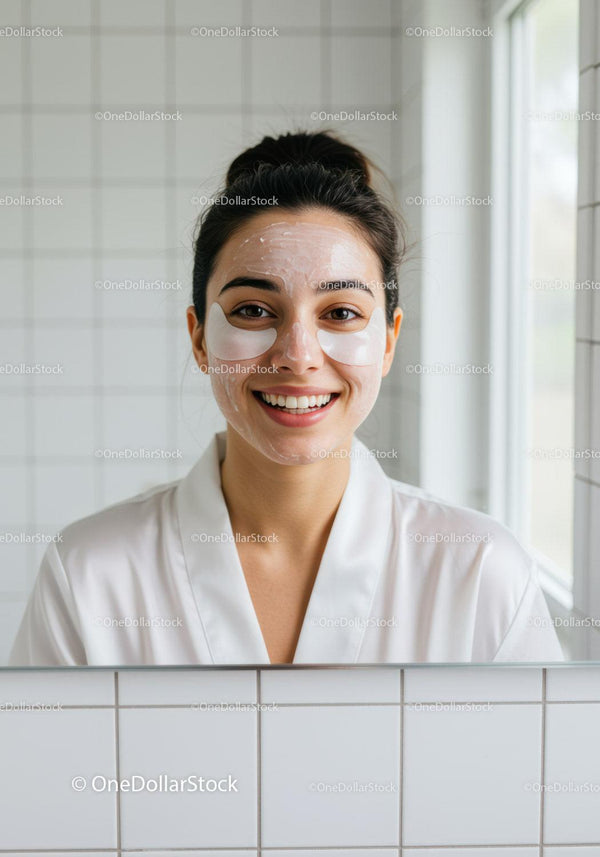 Smiling woman with face mask and eye patches