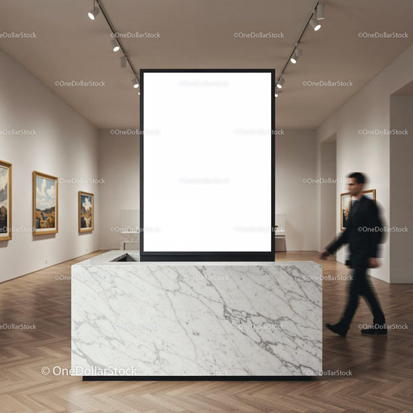 Modern art gallery with blank vertical display board JPG Mockup Image