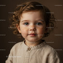 Curly toddler with freckles in beige shirt