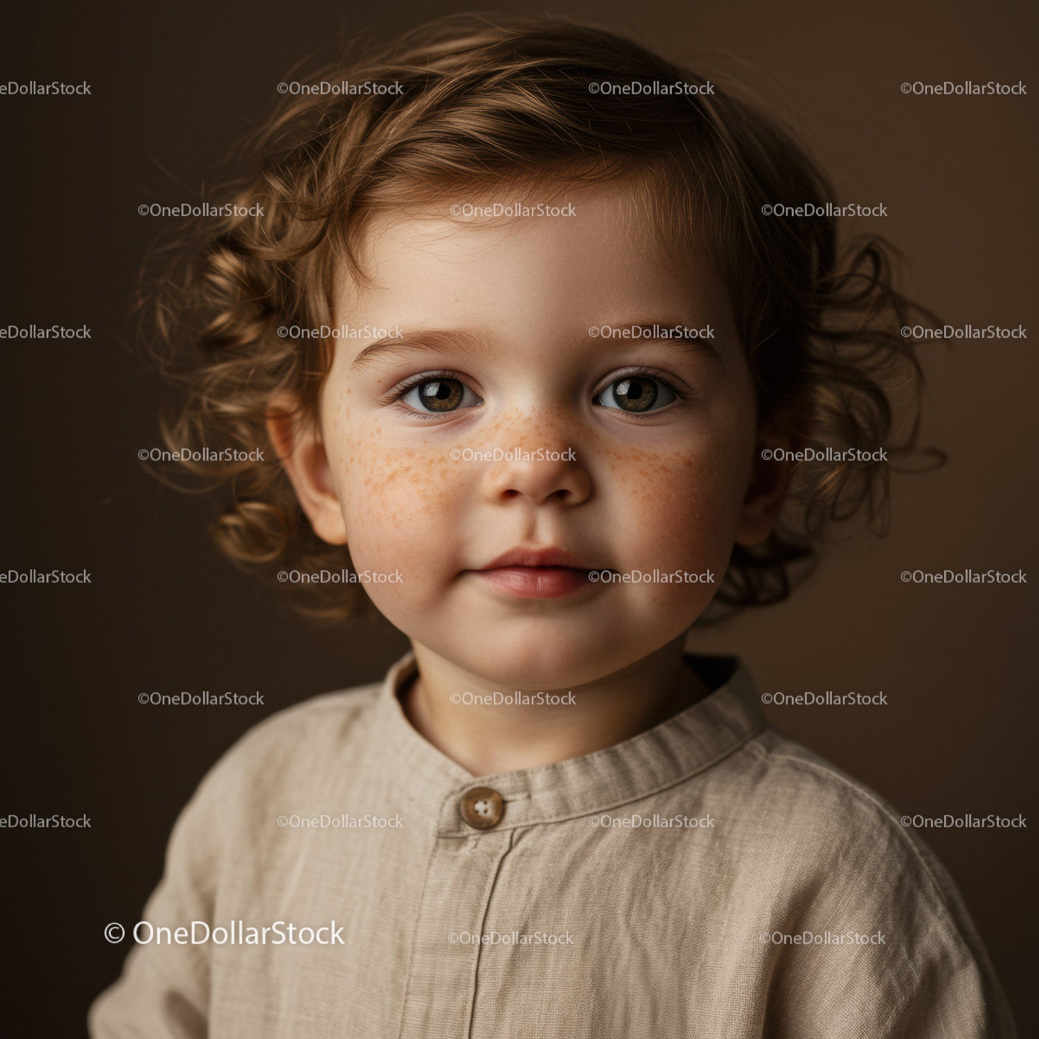 Curly toddler with freckles in beige shirt