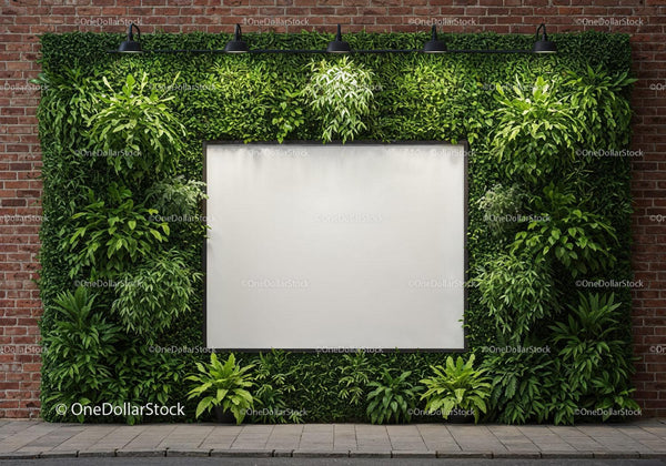 Blank billboard framed by lush green vertical garden JPG Mockup Image