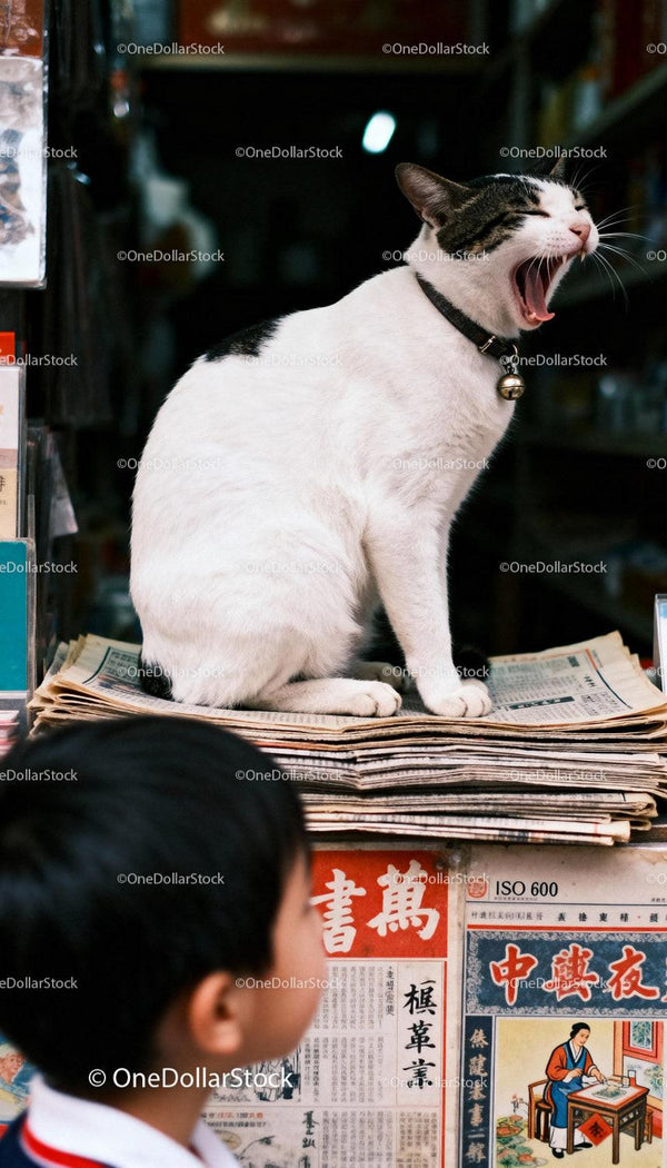 Yawning cat sitting on stack of newspapers in store