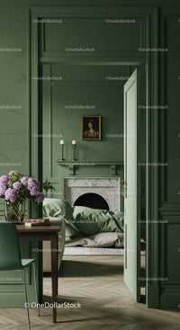 Elegant Green Walled Room with Marble Fireplace and Vintage Portrait
