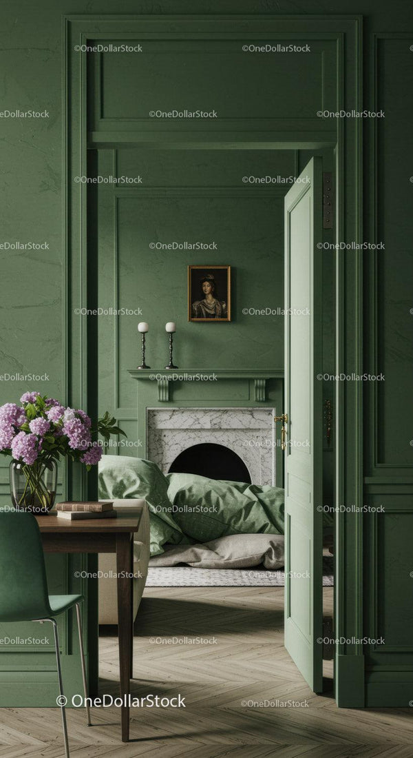 Elegant Green Walled Room with Marble Fireplace and Vintage Portrait