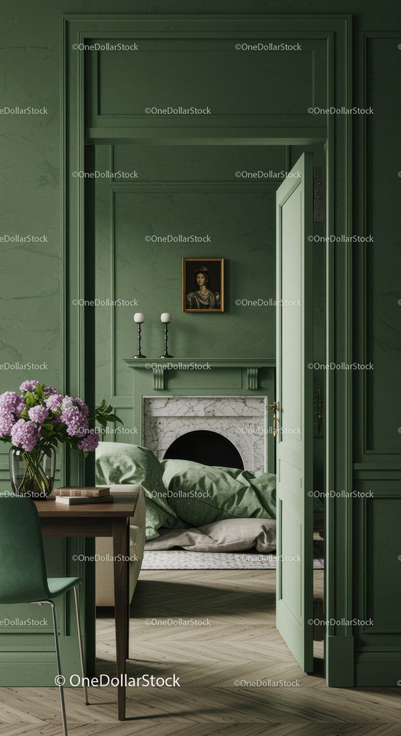 Elegant Green Walled Room with Marble Fireplace and Vintage Portrait