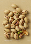 Close up of scattered pistachio nuts on beige fabric