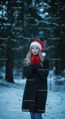 Woman in Santa hat and red gloves in snowy forest