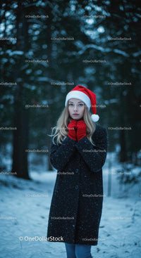 Woman in Santa hat and red gloves in snowy forest