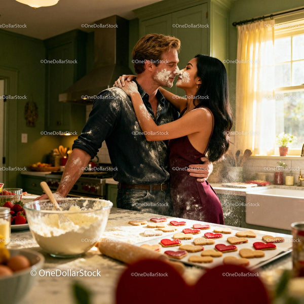 Couple Playfully Baking Heart Cookies in Cozy Kitchen