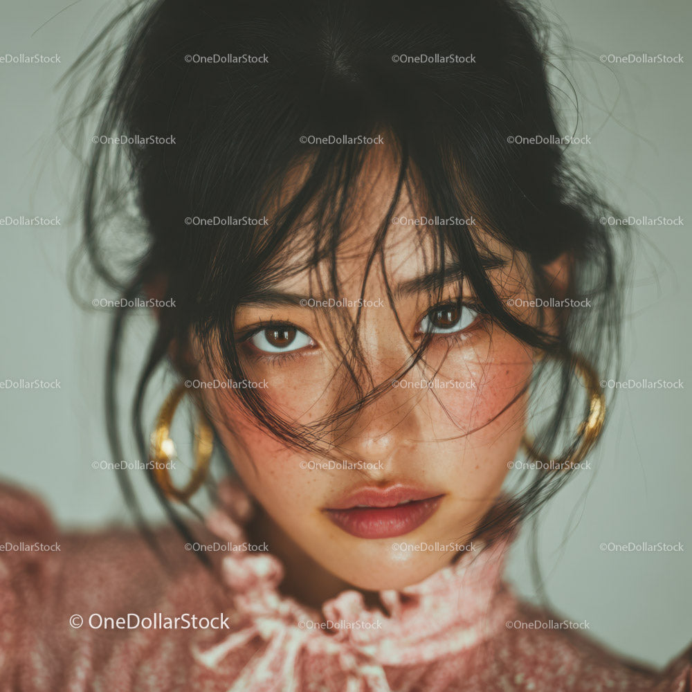 Brown-eyed young woman with messy black hair and pink blouse