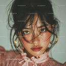 Brown-eyed young woman with messy black hair and pink blouse