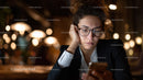 Young Woman Using Smartphone in Cozy Cafe Night Scene