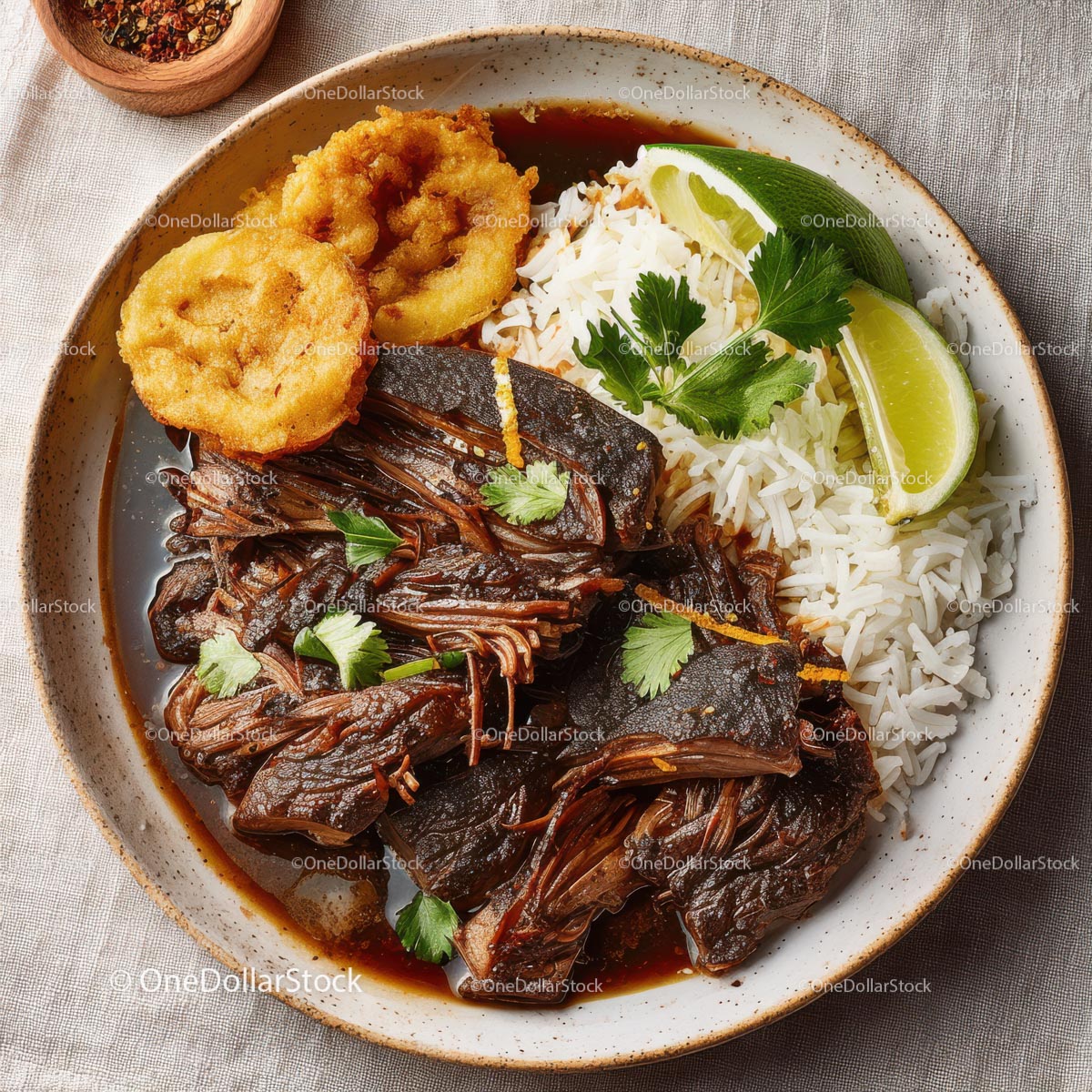 Savory Tender Beef with Rice and Grilled Plantains