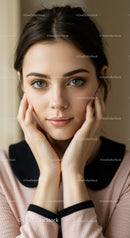 Elegant Portrait of Young Woman with Bright Blue Eyes and Soft Smile