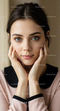 Elegant Portrait of Young Woman with Bright Blue Eyes and Soft Smile
