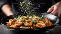 Vibrant Sautéed Shrimp with Colorful Vegetables in Black Skillet