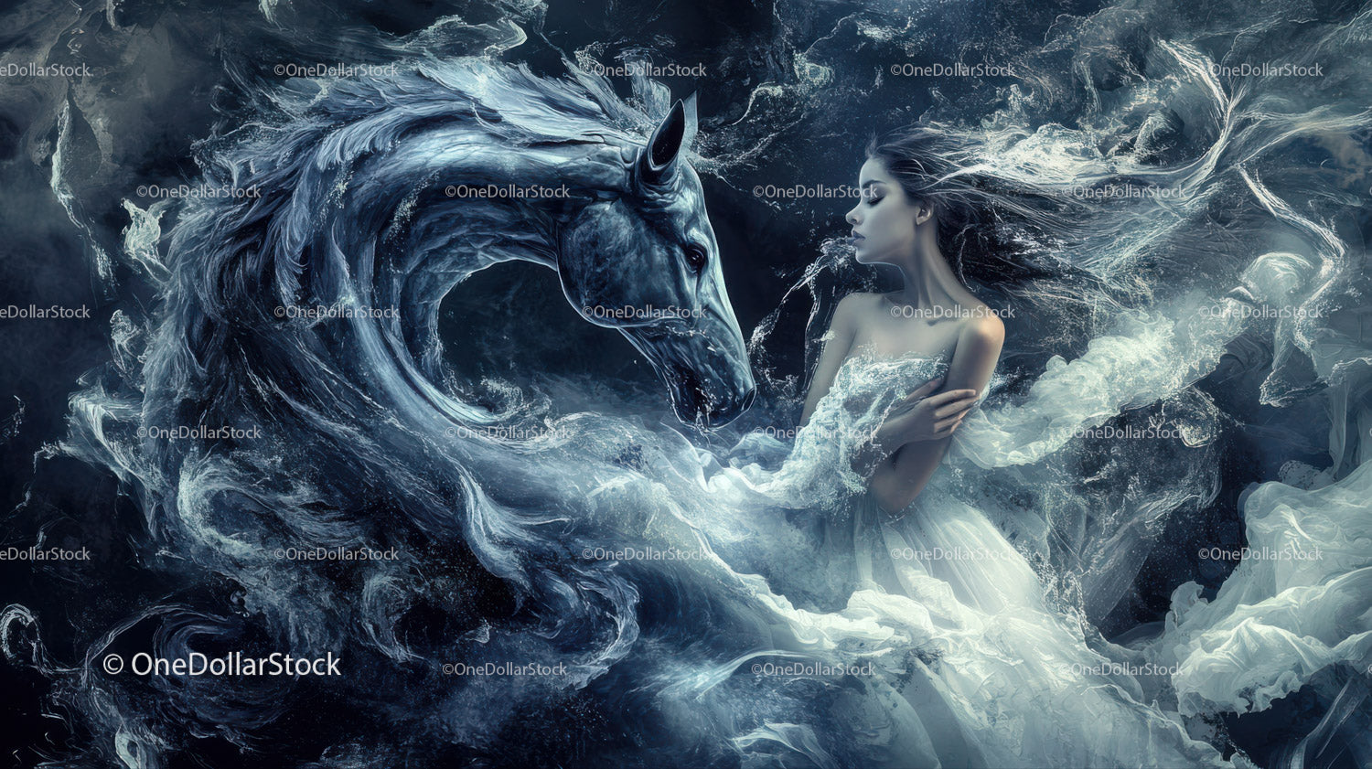 Mystical Woman with White Horse in Surreal Water Scene