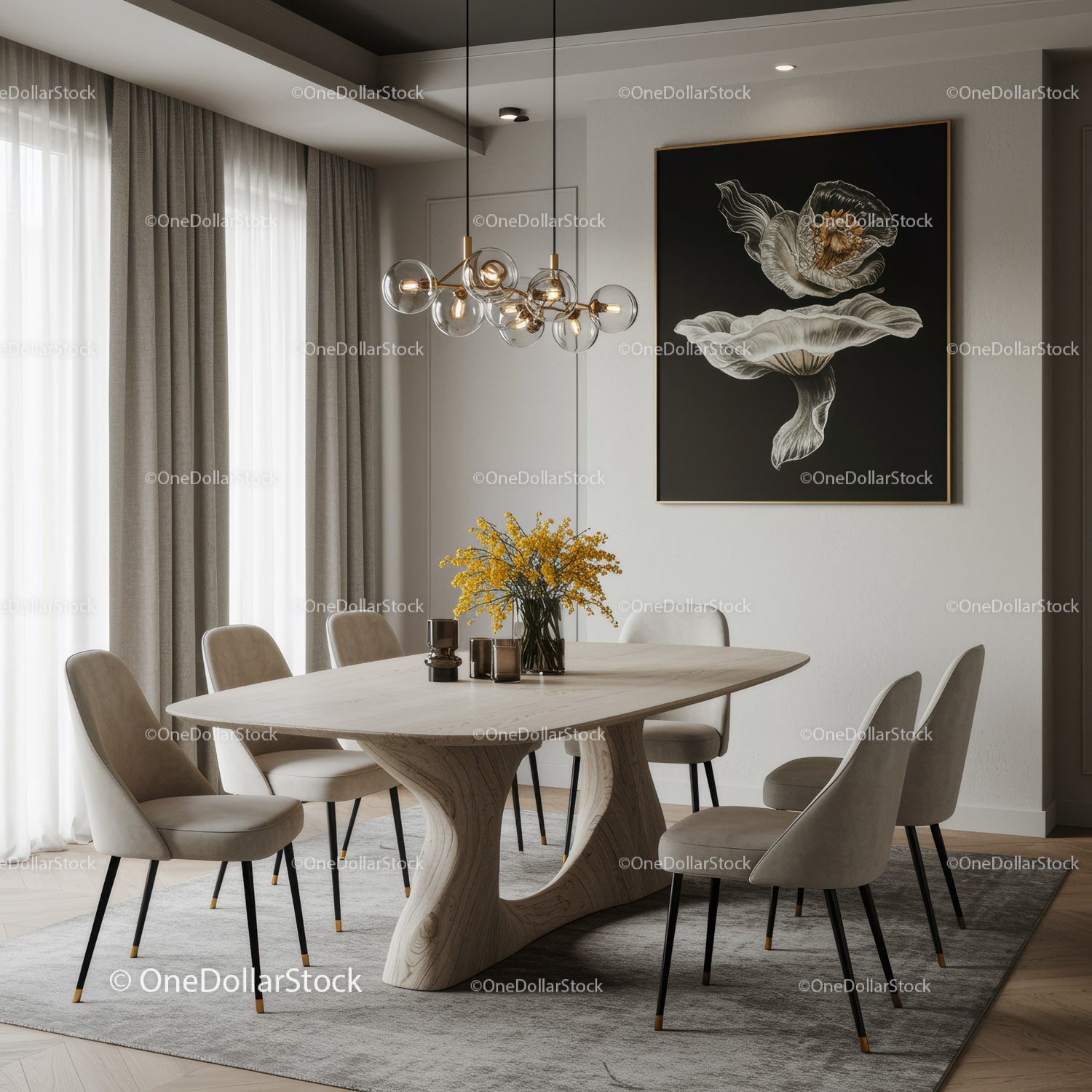 Elegancka, nowoczesna jadalnia z artystyczną grafiką ścienną i wygodnymi siedziskami
