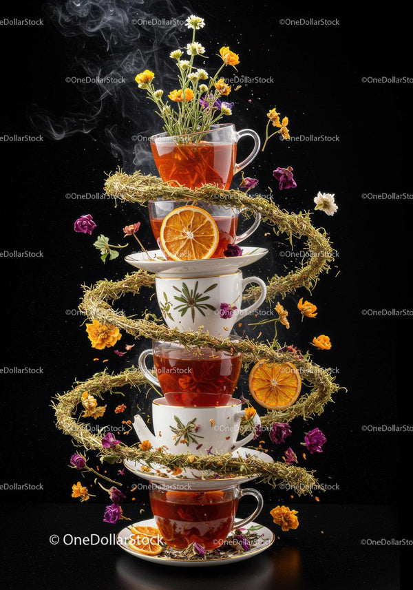Stack of herbal tea cups with flowers and dried oranges