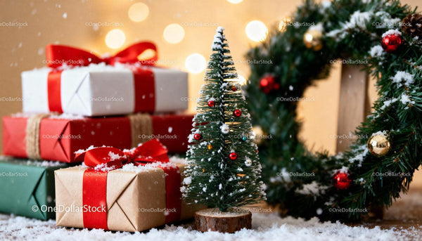 Festive Christmas gifts and miniature decorated tree
