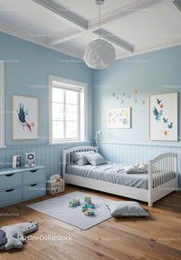 Light and Airy Children's Bedroom with Blue Walls and Playful Decor