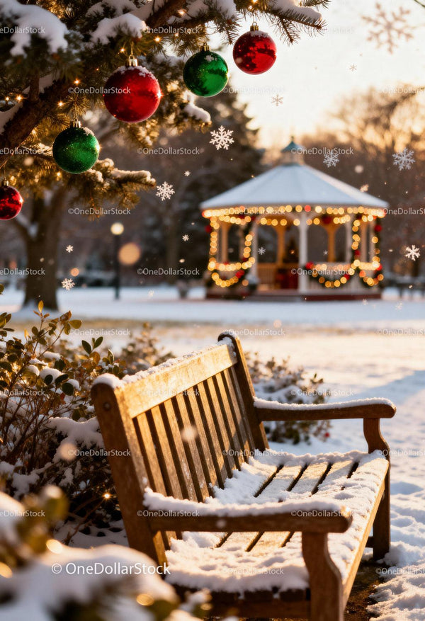 Snowy Park Bench Near Festive Holiday Gazebo