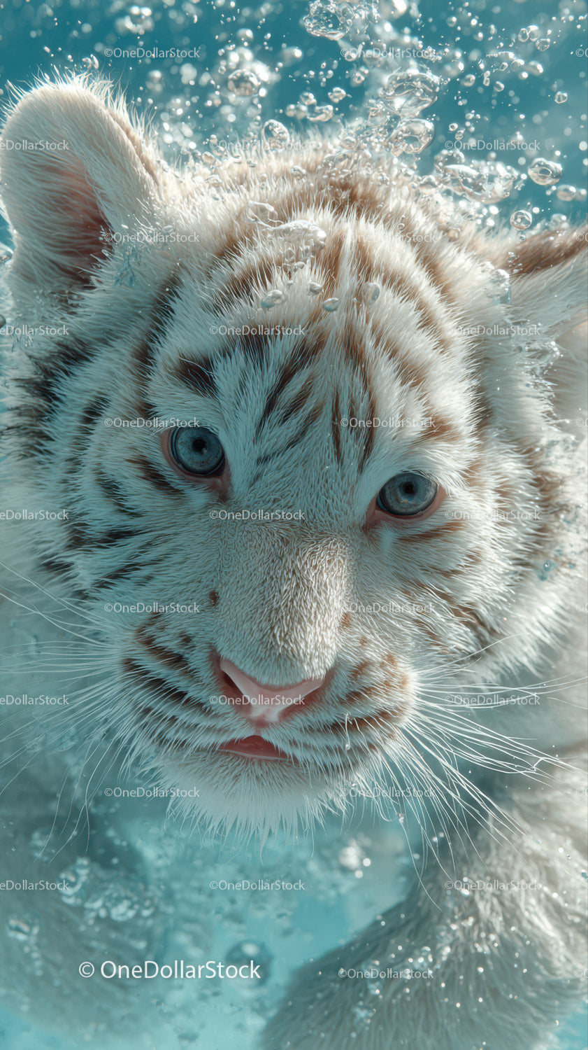 White tiger cub swimming underwater with piercing blue eyes