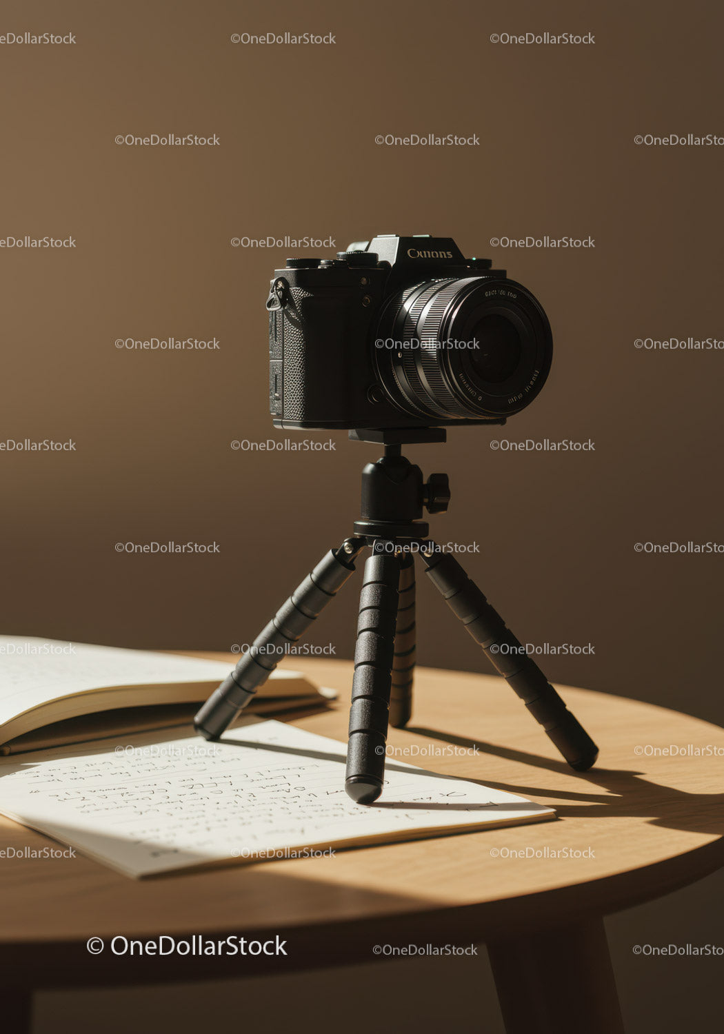 Black DSLR Camera on Tripod with Notebook in Modern Studio