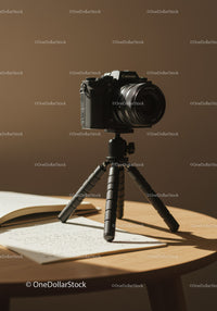 Black DSLR Camera on Tripod with Notebook in Modern Studio
