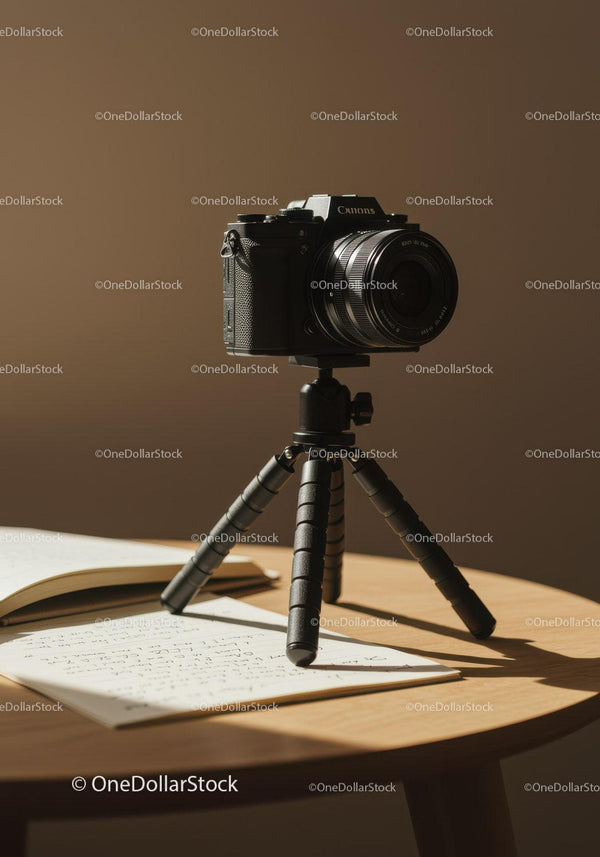 Czarny aparat DSLR na statywie z notesem w nowoczesnym studio
