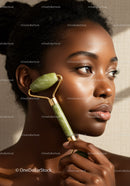 Close-Up of Dark Skinned Woman with Jade Roller for Skin Rejuvenation