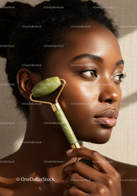 Close-Up of Dark Skinned Woman with Jade Roller for Skin Rejuvenation