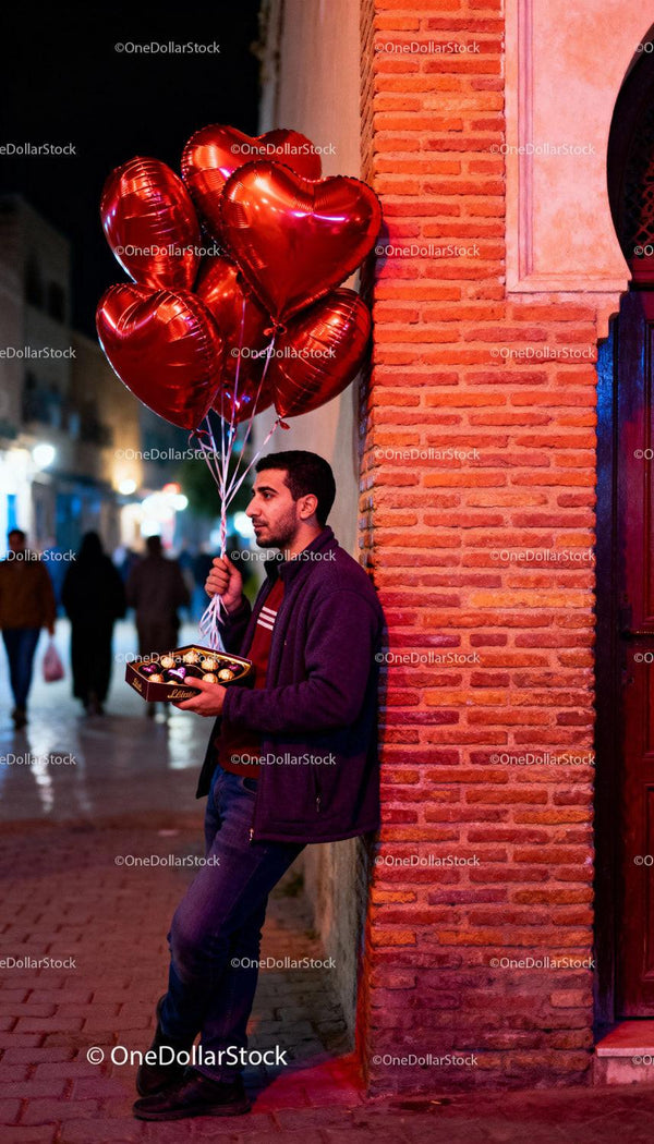 Man Holding Heart Balloons and Chocolates on Evening Street