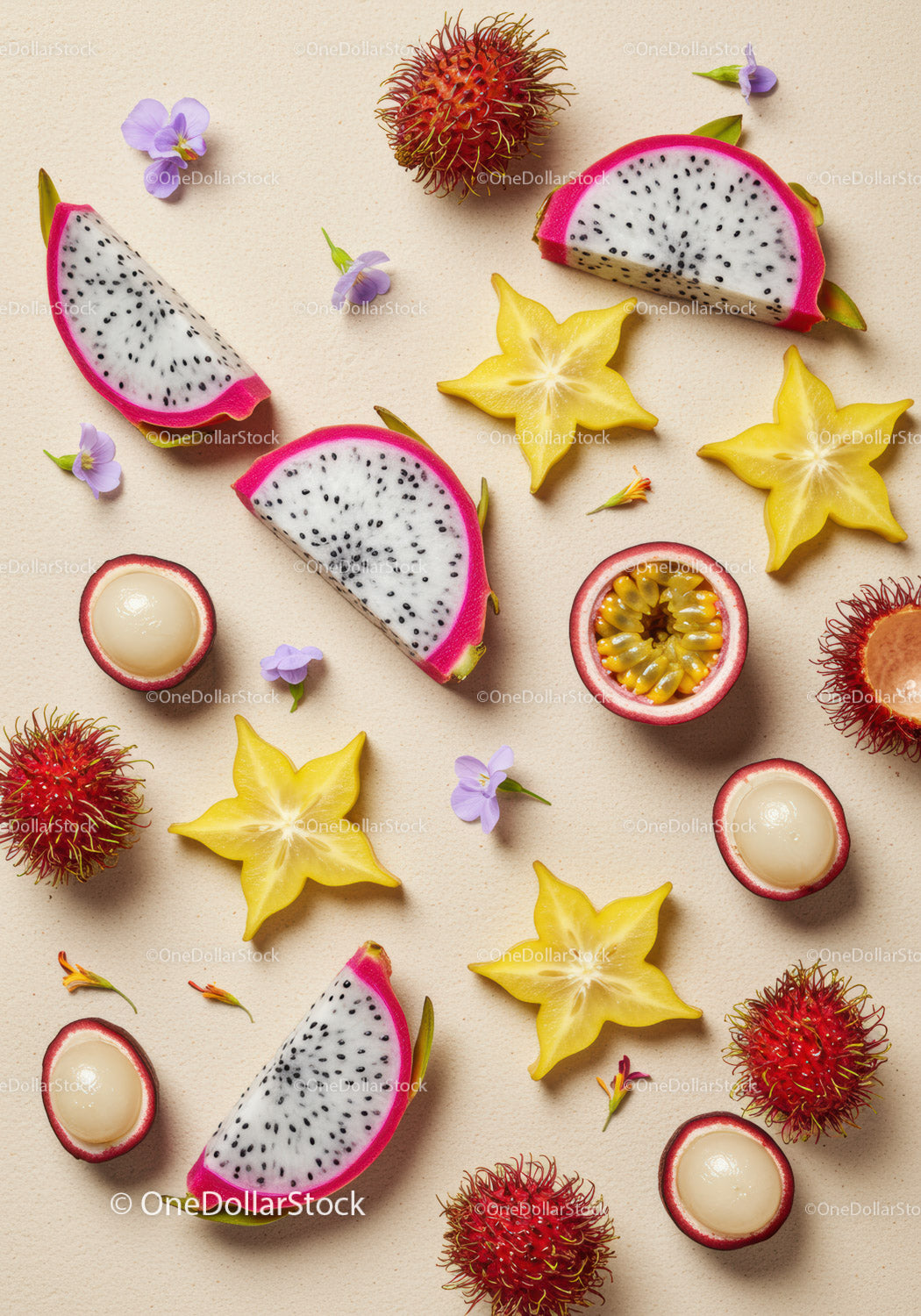 Assorted Tropical Fruits Sliced with Vibrant Flowers