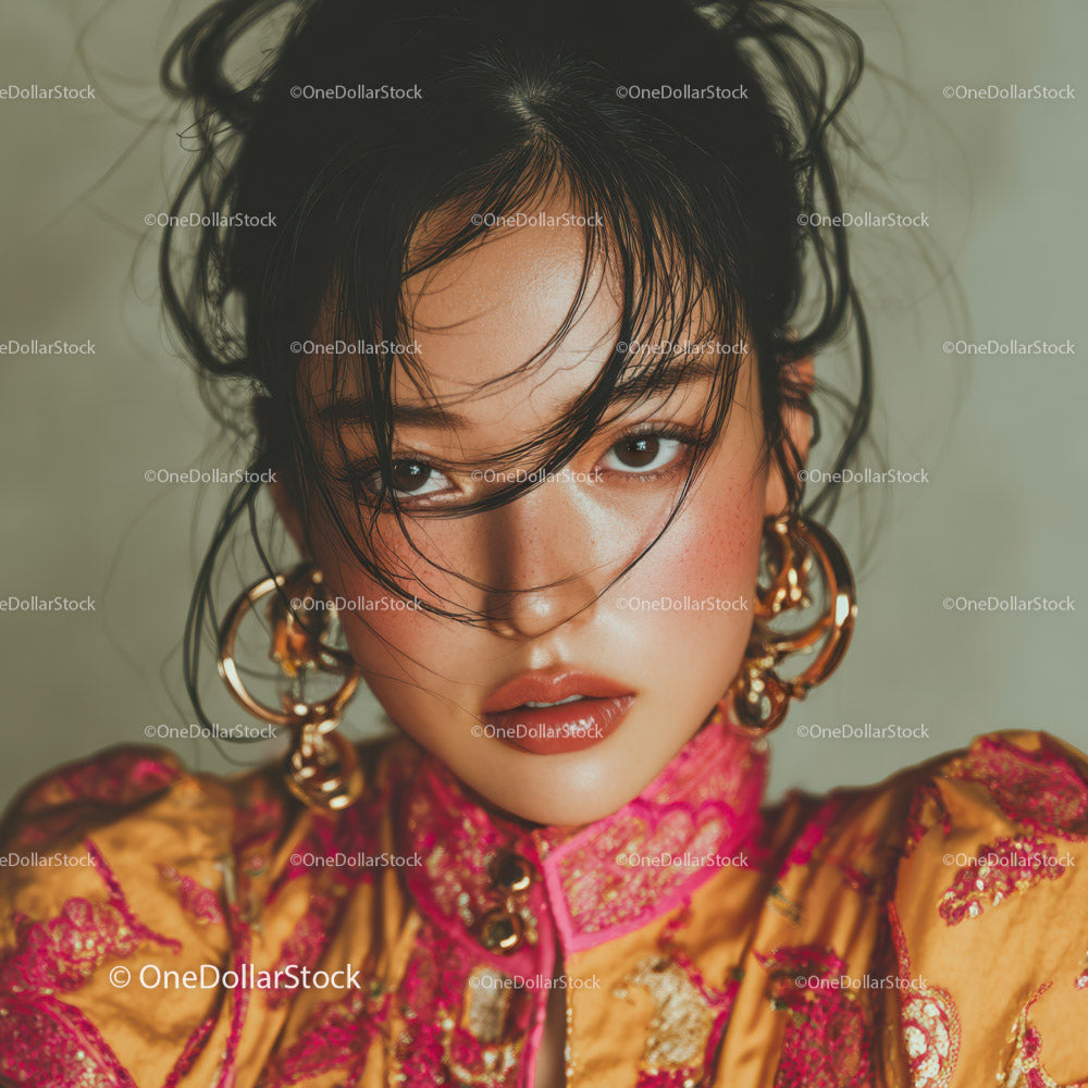 Vibrant Fashion Portrait of Woman with Bold Makeup and Gold Jewelry
